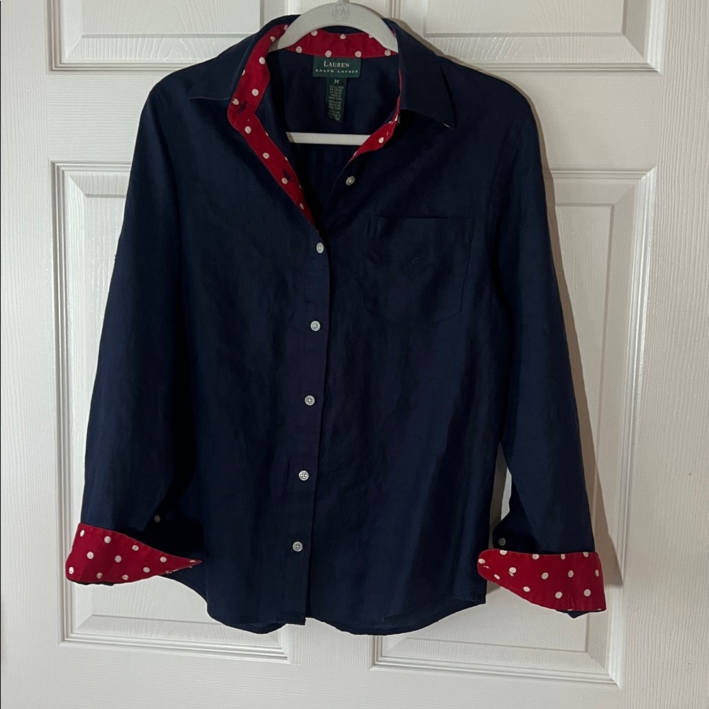 VTG LRL Lauren Ralph Lauren Navy Linen Long Sleeve Button Up Shirt, Sz Medium